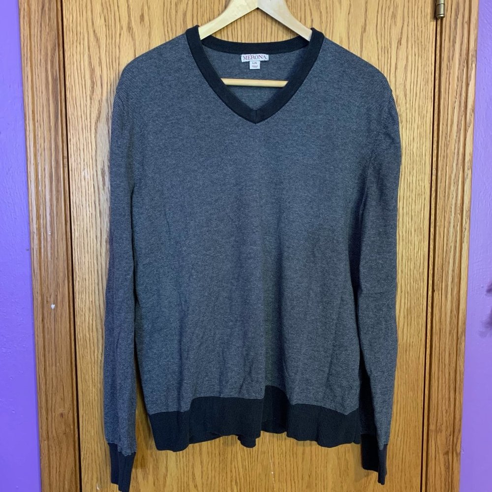 Merona Heathered Grey Lightweight Long-Sleeve Slim V-Neck Sweater (Men's Large)